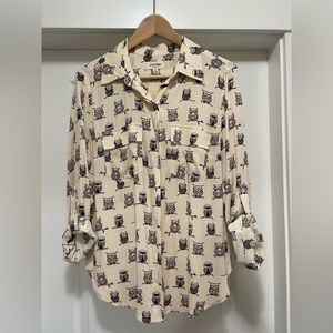 Anthropologie Porridge owl print long sleeve collared button front top